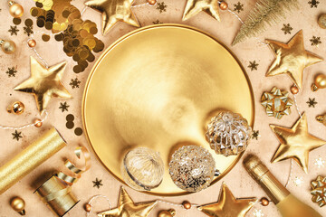 Merry Christmas and Happy New Year rich golden tray with crystal festive ornaments baubles tinsel...