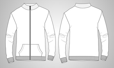 Slim fit with Long sleeve and zipper  jacket overall fashion technical flat sketch vector template in windcheater front and back view. Apparel Jacket Flat drawing vector mock up.