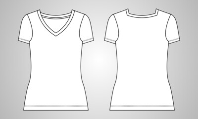 V neck Regular fit shorts sleeve stylish shirt for ladies. Overall technical fashion flat sketch vector template front and back view. Apparel t shirt Flat drawing vector mock up.
