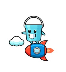 plastic bucket mascot character riding a rocket