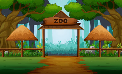 Scene with zoo entrance in forest background - obrazy, fototapety, plakaty
