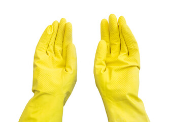 Hands in yellow gloves, isolated on a white background