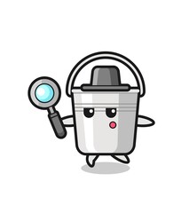 metal bucket cartoon character searching with a magnifying glass
