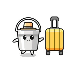 metal bucket cartoon illustration with luggage on vacation