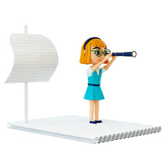 Cute cartoon 3d schoolgirl is standing on a paper boat and looking through a telescope. Education and back to school concept