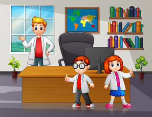 Illustration a young boy and girl in the office room