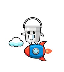 metal bucket mascot character riding a rocket