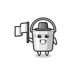 Cartoon character of metal bucket holding a flag