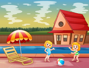 Happy girls playing at the poolside illustration
