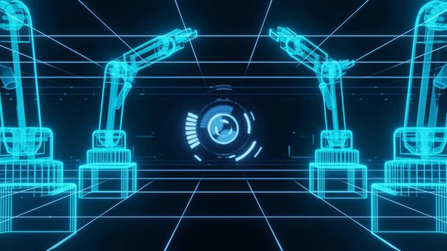 technology Industrial 4.0 concept animation Robotic arm and hud hologram 3D rendering