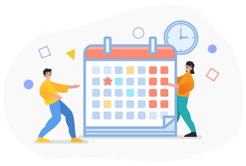 Schedule planner, work and time management. Two cheerful people stand near big calendar. Modern vector illustration