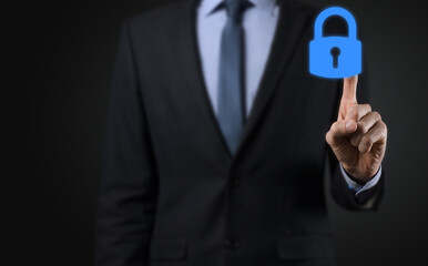 Cyber security network. Padlock icon and internet technology networking. Businessman protecting data personal information on tablet and virtual interface. Data protection privacy concept. GDPR. EU