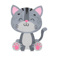 Cute sitting gray kitty, kitten, cat with big eyes, black stripes on white background. Vector illustration for postcard, banner, web, decor, design, arts, calendar.