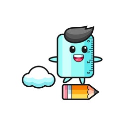 ruller mascot illustration riding on a giant pencil