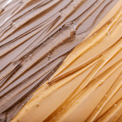 Hyaluronic acid gel or collagen texture on light dark skin tone shade. Serum surface, Clear watery gel texture of moisturizing product on different asian african skin color tone background. Square