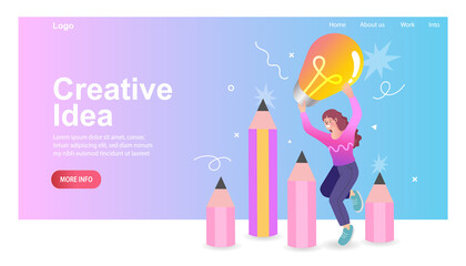 Tiny young woman carry big light bulb. people with creative idea icons. Concept of creativity, creative thinking, innovative, innovation, inspiration for artist, creator. Flat color vector.