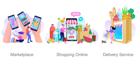 Online shop smartphone app. Mobile based marketplace. Retail business cartoon icons set. Digital marketing and advertising. Commerce platform. Buy and sell products, startup launch. vector