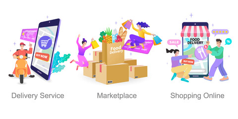 Fototapeta premium Online shop smartphone app. Mobile based marketplace. Retail business cartoon icons set. Digital marketing and advertising. Commerce platform. Buy and sell products, startup launch. vector