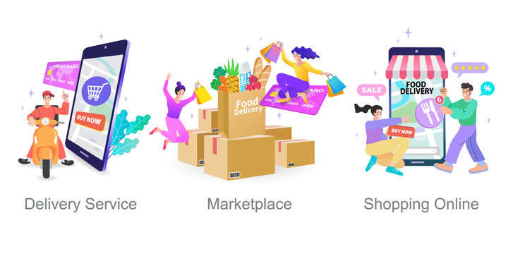 Online shop smartphone app. Mobile based marketplace. Retail business cartoon icons set. Digital marketing and advertising. Commerce platform. Buy and sell products, startup launch. vector