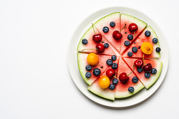 Watermelon pizza with fruits and berries. Healthy summer dessert on white background