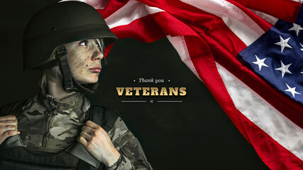 Courage. Design for greeting card, poster for Veterans day. Close-up American female soldier next...