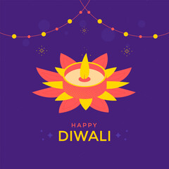 Happy Diwali festival greeting card design with candle and flower. Vector flat illustration for a light festival in India.