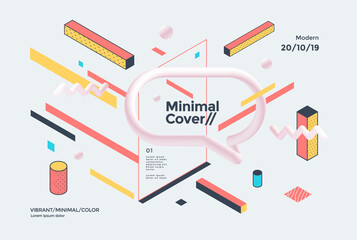 Creative design poster with isometric geometric shapes and 3d elements. Minimal bright backgrounds for flyers, cover, brochure. Vector