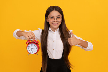 good morning. punctuality. last chance. thumb up. punctual teen girl checking time.