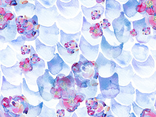 Watercolor Roses, Peony and Leaves Seamless Pattern. © Vialeta