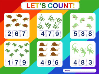 Educational counting math game for preschool children on the theme of fruits. Count and find the right number. Game with reptiles
