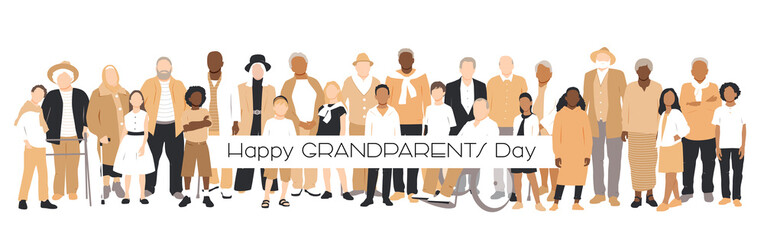 Obraz premium Happy Grandparents Day card. Multicultural group of grandparents with kids. Flat vector illustration.