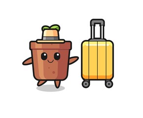 plant pot cartoon illustration with luggage on vacation