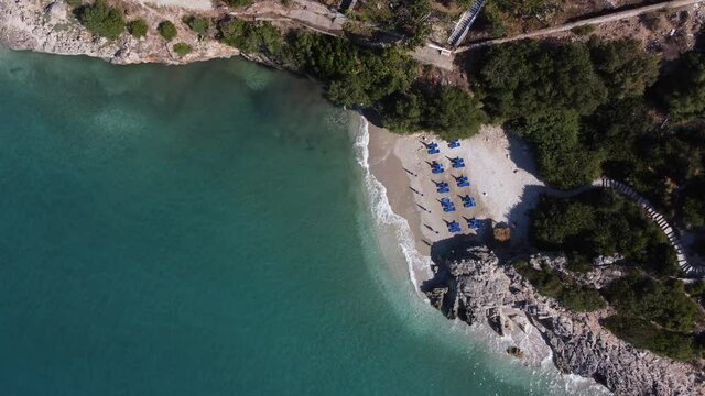 Beautiful seascape. Beach on coast of Ionian Sea in Albania, View from drone