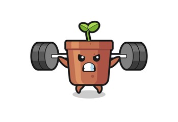 plant pot mascot cartoon with a barbell