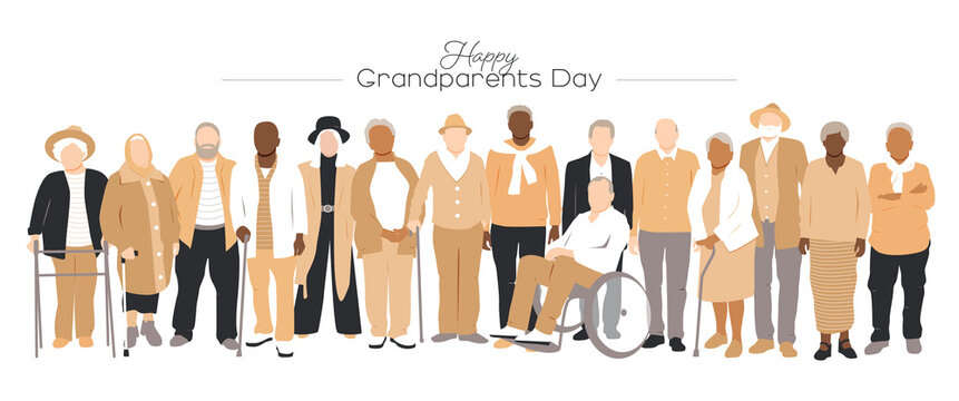Grandparents Day card. Multicultural group of grandparents. Flat vector illustration.