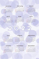 2022 calendar template. Vertical format lavender violet abstract background with hand drawn spot blob blot. Calendar design for print and digital. Week starts on Sunday