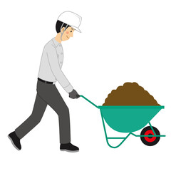 手押し一輪車で土を運ぶ工事現場の男性 © kojikoji