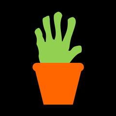 Green hand shaped small plant in orange pot.