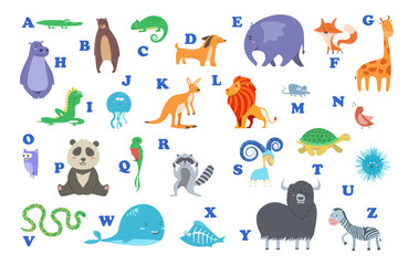 Set of Cute cartoon wild and farm domestic animals and birds isolated on white transparent background