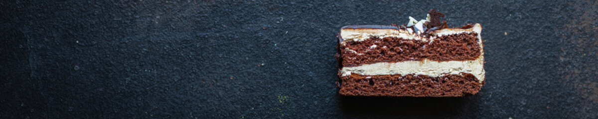 piece of cake chocolate cream nuts, coffee syrup flavor spices, honey, ganache sweet dessert holiday treat meal snack copy space food background rustic