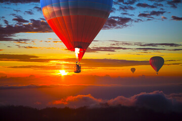 Beautiful balloons in the sky at sunset, Bali, Indonesia
