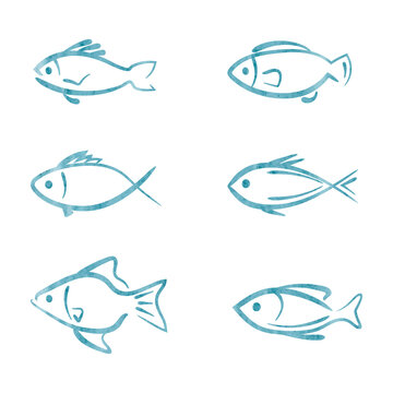 Set of watercolor fish icons. Vector logos collection.