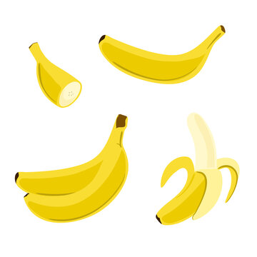 Vector banana set in flat style. Cartoon illustration of single, peeled fruit and bunch of bananas.