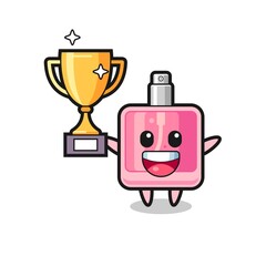 Cartoon Illustration of perfume is happy holding up the golden trophy