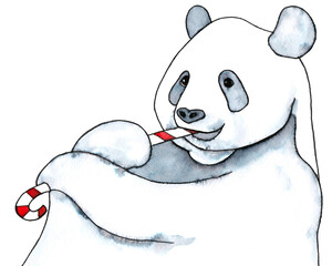 Handdrawn panda eating Christmas candy, drawing in black and white, sweet illustration for Christmas greetings