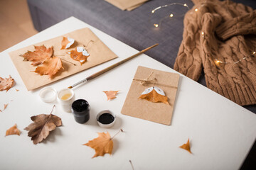 autumn craft for kids. animal Fox carved from maple leaf. childrens art and creative. handicraft made from natural materials. diy