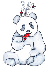 Christmas panda eating a Christmas cookie, drawing in black and white with red accents