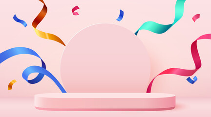 Abstract scene background. Cylinder podium background with confetti and ribbons. Product presentation, mock up, show cosmetic product, Podium, stage pedestal or platform.