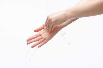 women washing hands on white background.