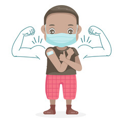 Little boy black skin kid in face mask gesturing thumb up. Open shoulders for vaccination after receiving covid-19 vaccine injection. Kid approving of coronavirus immunization concept.